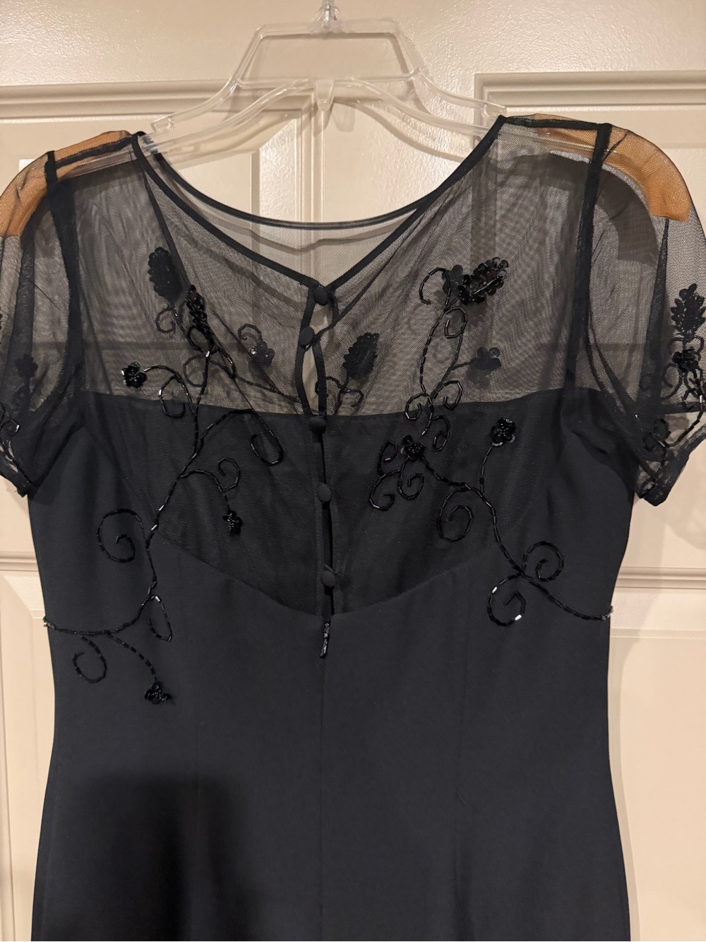 Vintage Maggy London-Black Mesh Yoke Evening Dress with Beaded Floral Detail